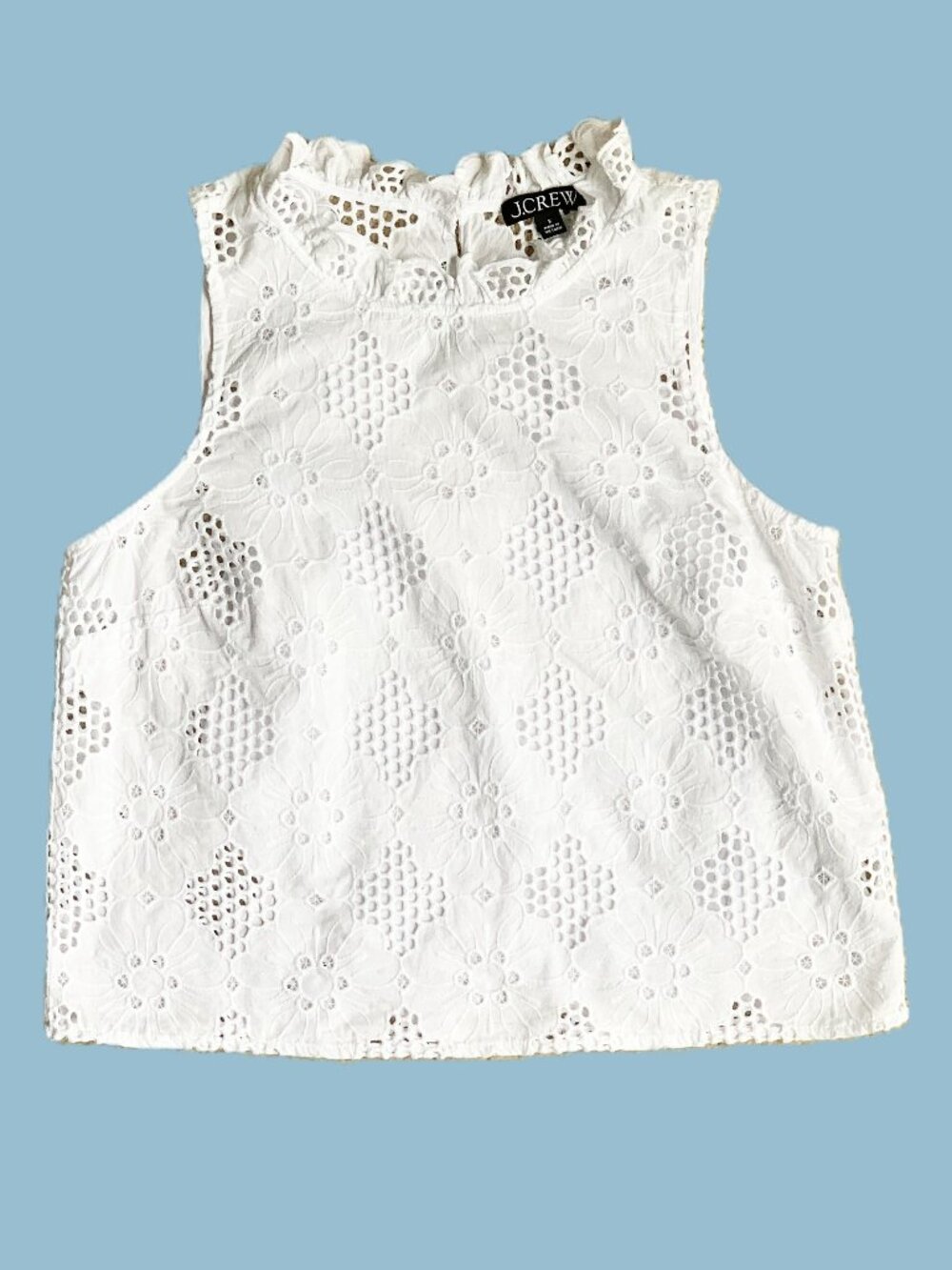 New J. Crew White Fleur Ruffle Neck Eyelet Sleeveless Top, Small, BR583 - Picture 2 of 11